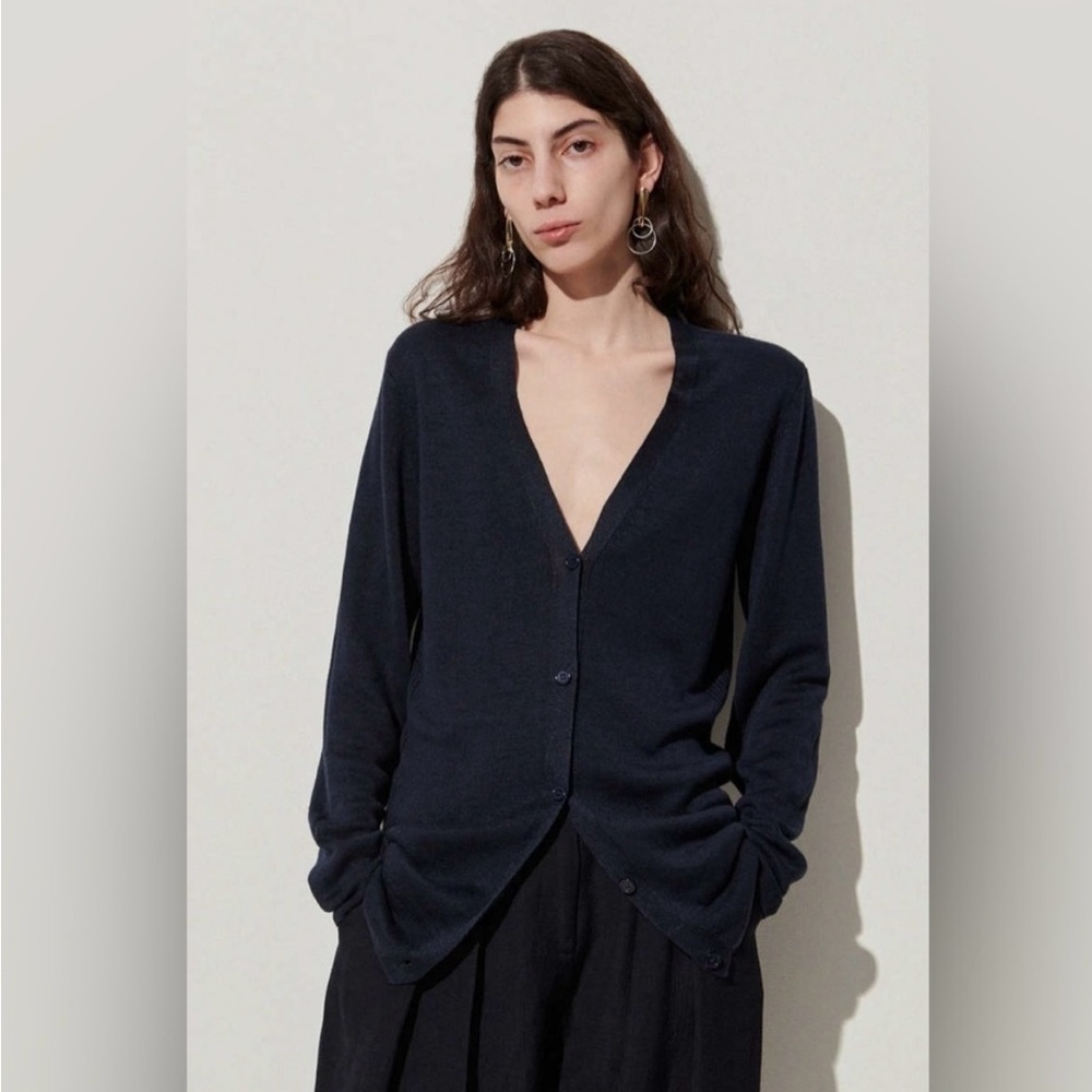 RACHEL COMEY Sur Cardi Navy Blue 100% Linen Cardigan Size Medium GUC